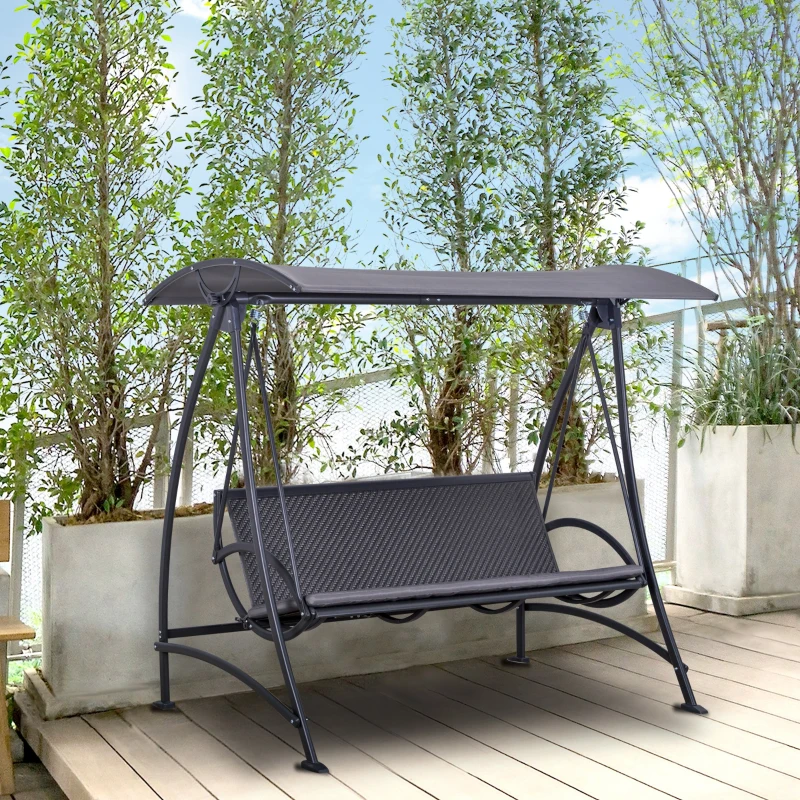 Outsunny 3 Person Rattan Outdoor Hanging Swing Chair with Canopy and Seat Cushions for Backyard, Patio, Garden, Grey