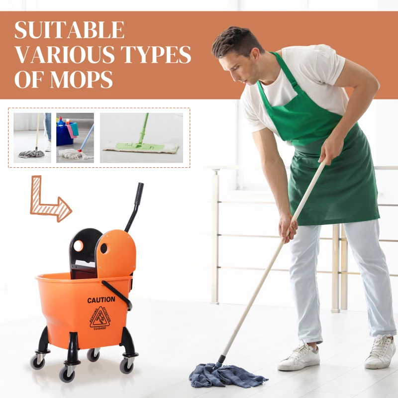 HOMCOM 6.9 Gal/26L Mop Bucket, Mop Bucket with Wringer, Wheels and Handle, Orange