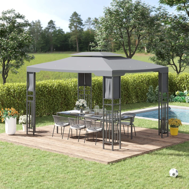 Outsunny 10' x 13' Outdoor Patio Gazebo with Double Vented Roof, Storage Shelves, Steel Frame for Lawn, Backyard and Deck, Gray