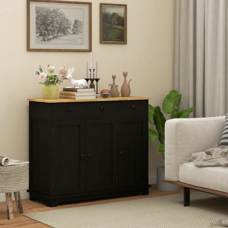 HOMCOM Kitchen Storage Cabinet, Sideboard Floor Cupboard with Solid Wood Top, Adjustable Shelf, and 3 Drawers, Black Wood Grain