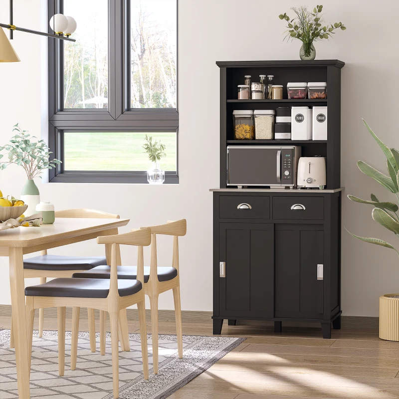 HOMCOM 67" Freestanding Buffet with Hutch, Kitchen Pantry Storage Cabinet with Sliding Doors, Drawers and Open Shelves, Adjustable Shelving, Black