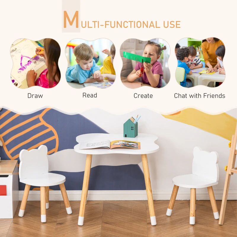 Qaba Wooden Kids Table and Chair Set Ideal for Arts, Meals, Homework, Cute Toddler Activity Table for Age 1-4 Years, White