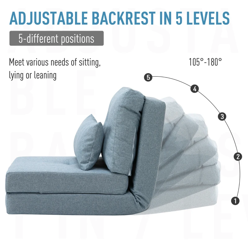 HOMCOM Folding Sofa Bed, Convertible Sleeper Chair with Adjustable Backrest, Metal Frame and Pillow, Upholstered Chair Bed Floor Sofa for Living Room Bedroom, Blue