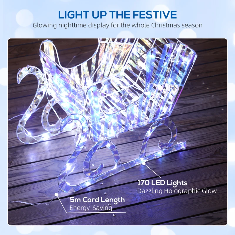 Outsunny Lighted Christmas Reindeer with Sleigh, Outdoor Reindeer with 170 LED Lights and Stakes, Holiday Decor, Silver
