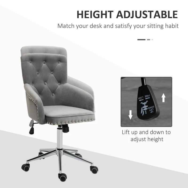 HOMCOM Modern Mid-back Desk Chair with Button Tufted Velvet Back, Nailhead Trim, Swivel Home Office Chair with Adjustable Height, Curved Padded Armrests, Gray