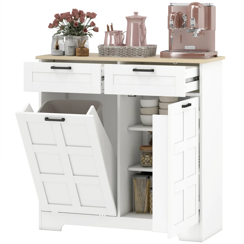 HOMCOM 13 Gallon Tilt Out Garbage Cabinet, Kitchen Island with Trash Cabinet, 2 Drawers, Door Racks, Adjustable Shelves, White