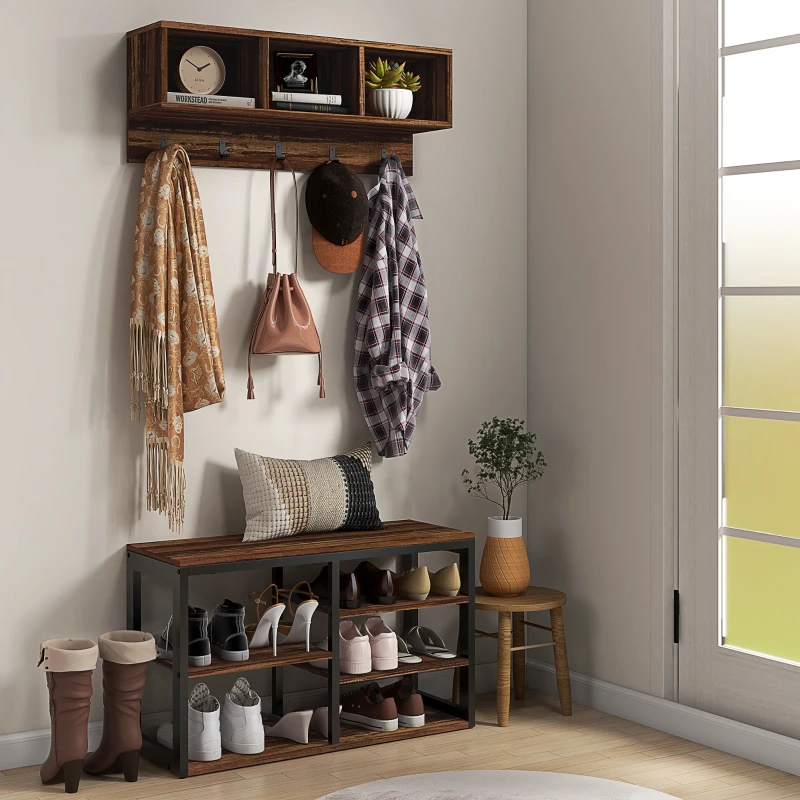 HOMCOM Hall Tree with Bench and Shoe Storage, 2-in-1 Entryway Storage Set with Shoe Bench and Coat Rack for Hallway