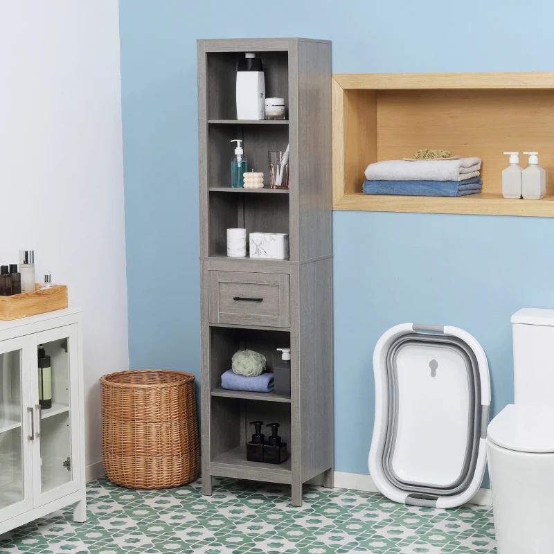 kleankin Narrow Bathroom Storage Cabinet with Drawer and 5 Tier Shelf, Tall Cabinet Freestanding Linen Tower, Slim Corner Organizer, Gray