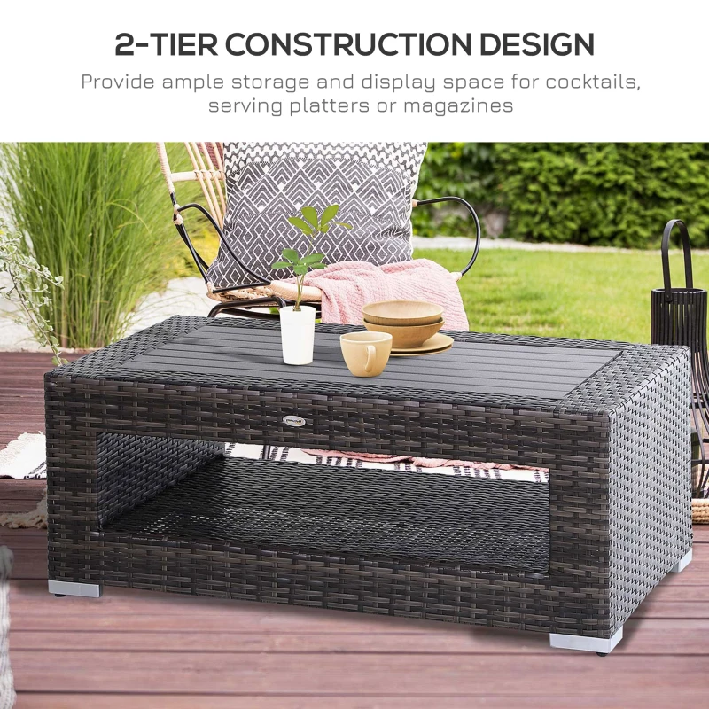 Outsunny Wicker Coffee Table with Height Adjustable Feet, 2 Tier Storage Shelf, Rattan Wicker Patio Table with Deluxe Slatted Top for Outdoor, Patio, Garden, Backyard, Mixed Grey