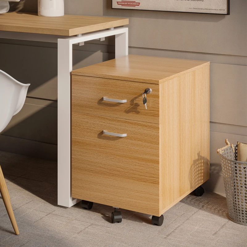Vinsetto 2 Drawer File Cabinet with Lock and Keys, Mobile Vertical Filing Cabinet with Wheels and Drawers, Home Office Cabinet, Natural