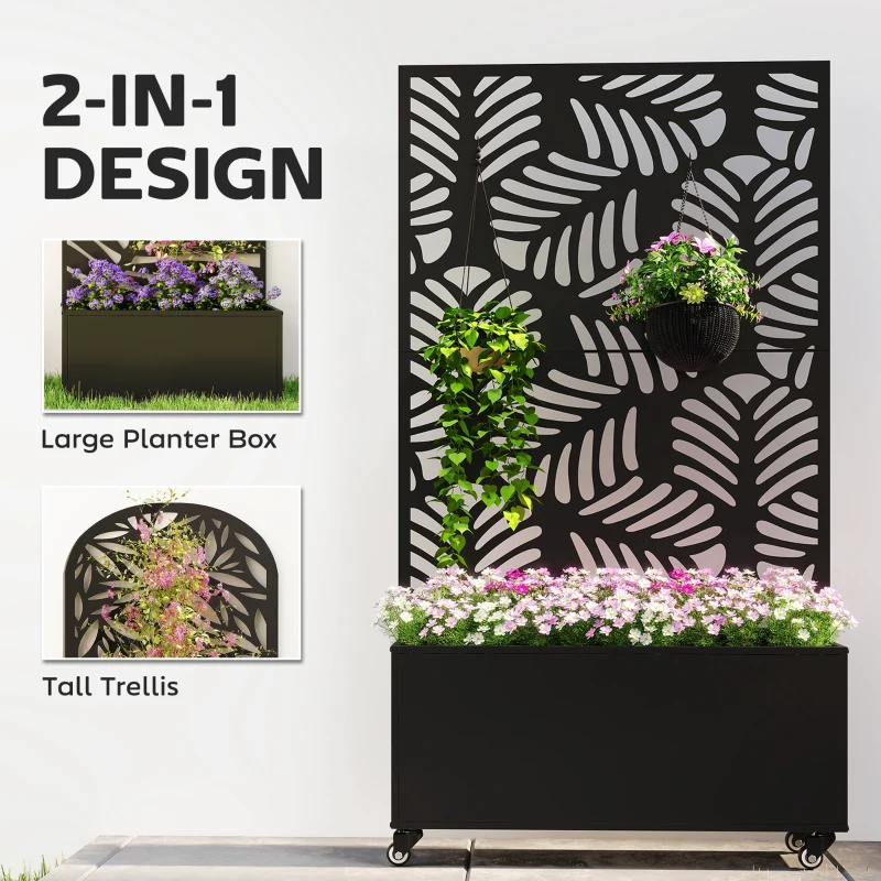 Outsunny Metal Planter Box with Trellis, Raised Garden Bed with Monstera Leaf Cut-Out Privacy Screen and Wheels