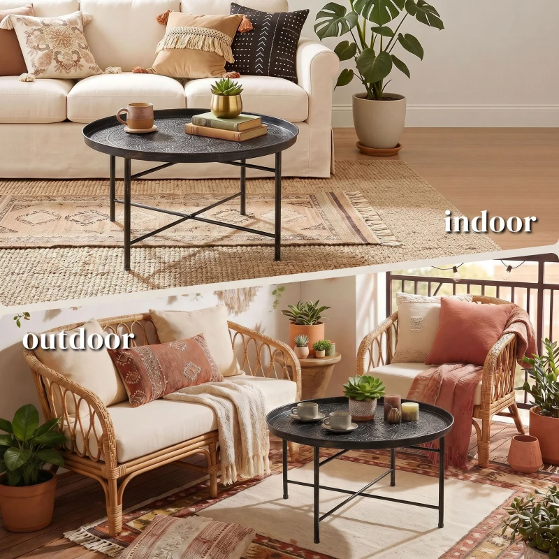 HOMCOM Coffee Table for Living Room, 24" Round Center Table with Hammered Tray Top and Metal Frame for Bedroom, Pewter