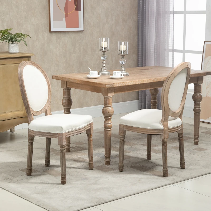 HOMCOM Vintage Armless Dining Chais Set of 2, French Chic Side Chairs with Curved Backrest Linen Upholstery for Kitchen Living Room, Ivory White