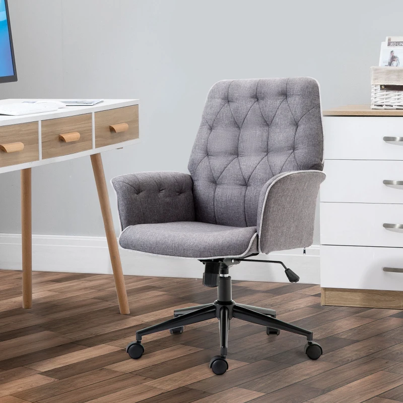 Vinsetto Linen Home Office Chair, Tufted Height Adjustable Computer Desk Chair with Swivel Wheels and Padded Armrests, Dark Gray
