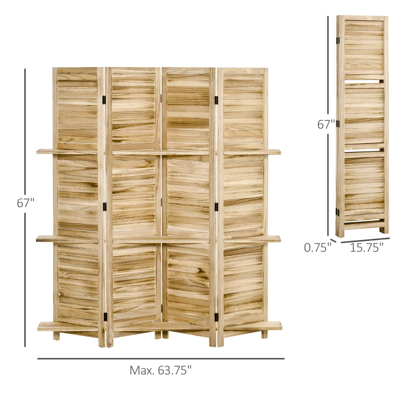 HOMCOM Room Divider, 4 Panel 67" Tall Wood Privacy Screen with 3 Display Shelves, and Folding Storage for Bedroom or Home Office, Natural Wood Color