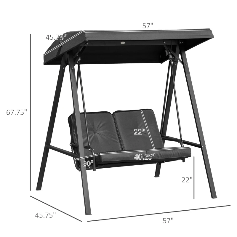 Outsunny 2 Seater Covered Outdoor Swing Chair Porch Swing Bench Lounger Hammock with Removable Cushion Tilt Canopy, Black