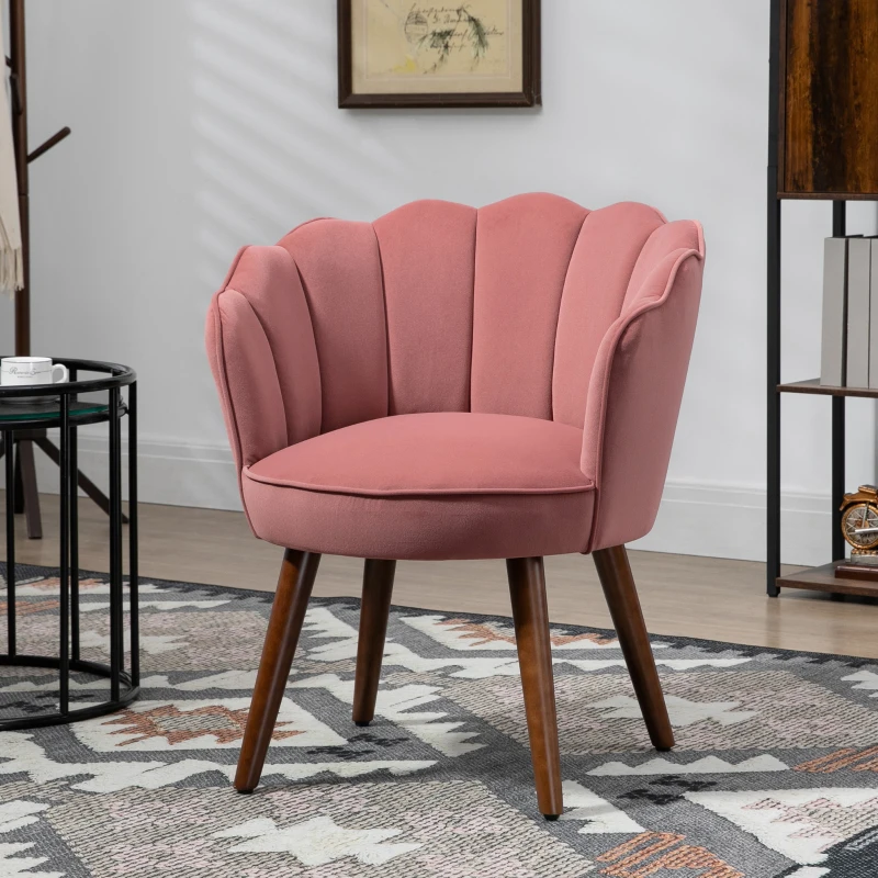 HOMCOM Modern Vanity Chair, Velvet-feel Fabric Leisure Accent Chair with Wood Legs for Living Room, Pink
