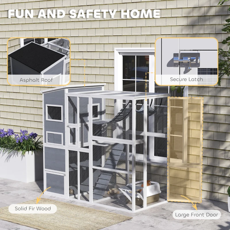 PawHut 76" Catio Outdoor Cat Enclosure with Cat Condo, Jumping Platforms, Ladder, Ramps, Hammock for 2-3 Indoor Cats, Grey
