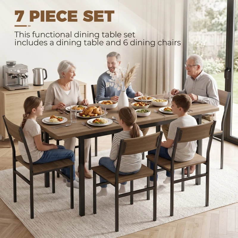 HOMCOM 7-Piece Industrial Dining Table Set for 4-6 Kitchen Table and Armless Chairs, Brown Wood Grain