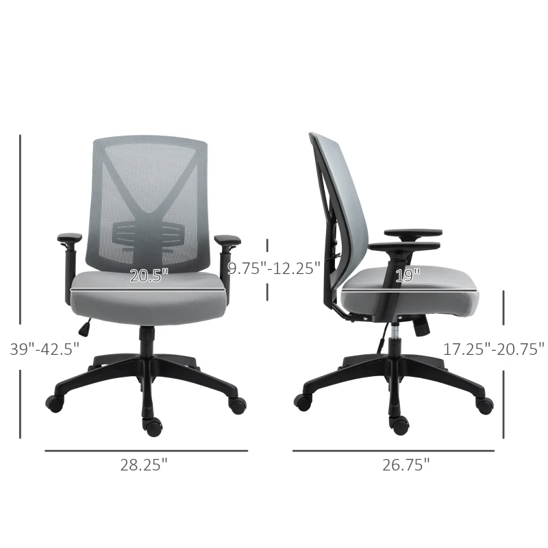 Vinsetto Ergonomic Mesh Office Chair with Lumbar Back Support, Swivel Rocking Computer Chair with Adjustable Height and Armrests for Home Office, Grey