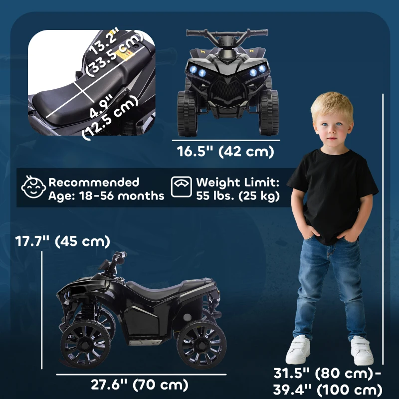 Qaba 6V Kids ATV, 4 Wheeler Electric Ride on Car with Music and LED Headlights, for Ages 18-56 Months Boys and Girls, Black