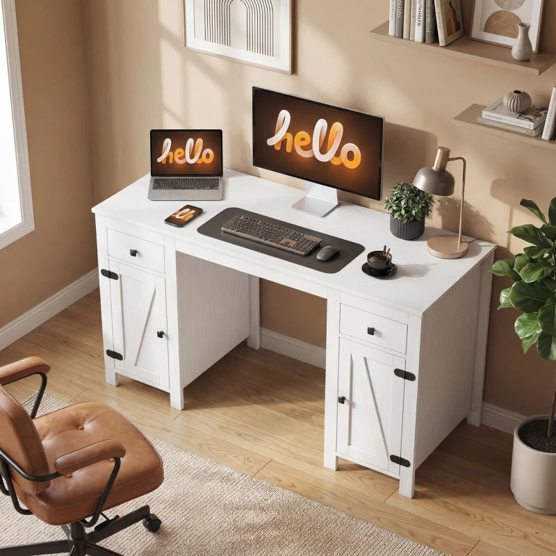 HOMCOM 53" Farmhouse Executive Desk, Computer Desk with Drawers and 2 Cabinets, Study Table for Home Office, White Wood Grain