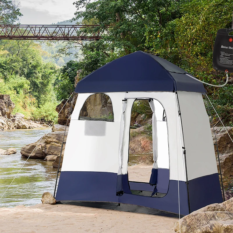 Outsunny Two Room Pop Up Shower Tent with Shower Bag, Floor and Carry Bag, Blue