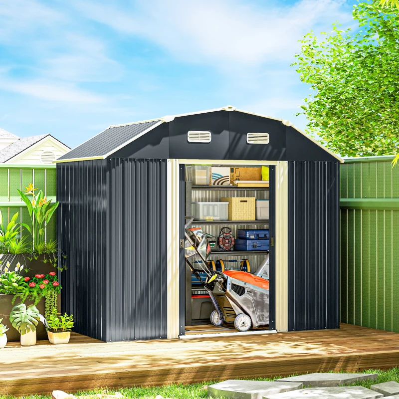 Outsunny 8' x 4' Galvanized Outdoor Storage Shed, Garden Shed with Adjustable Shelves, Double Sliding Doors and Vents