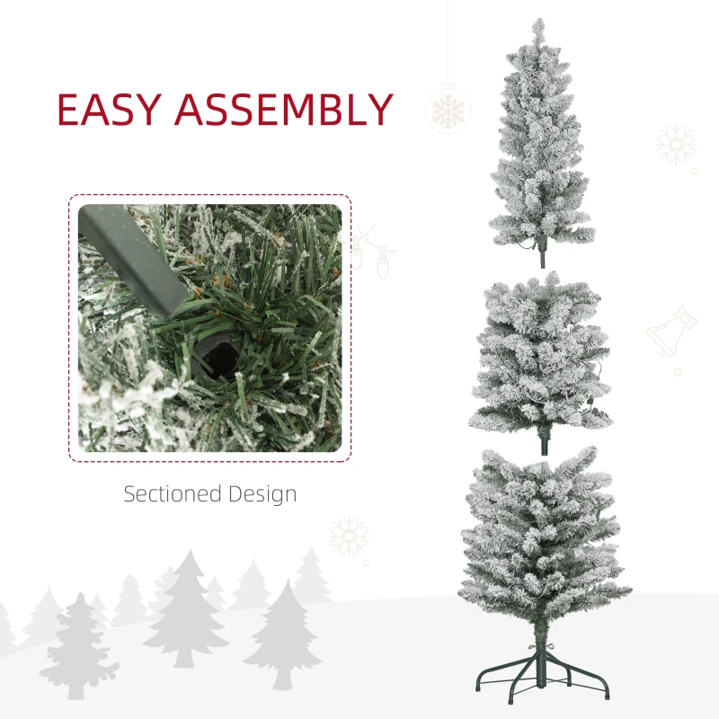 HOMCOM 7ft Artificial Prelit Christmas Tree with Warm White LED Light, Snow Flocked Branches, Metal Base, Pencil Xmas Tree