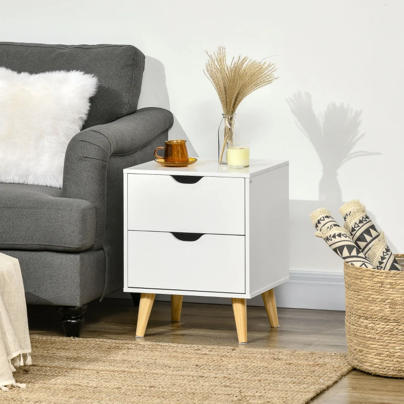 HOMCOM Modern Bedside Table, Nightstand with 2 Drawers and Pine Wood Legs for Bedroom, Living Room, White