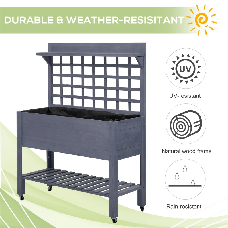Outsunny 41" Raised Garden Bed Mobile Elevated Wooden Planter Box Stand with Wheels, Trellis and Storage Shelf, Gray