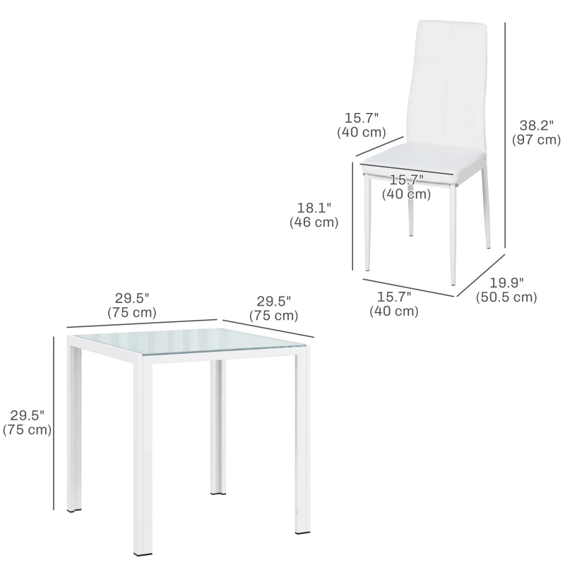 HOMCOM 3-Piece Rectangular Glass Kitchen Table and Chairs with Metal Frame and Faux Leather Upholstery for Dining Room, White
