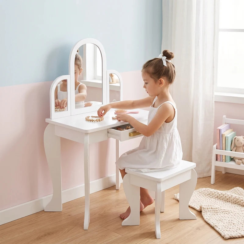 Qaba Kids Dressing Table and Chair Set, Girls Dressing Set, Makeup Desk with Drawer for 3-6 Years Old Kids, White