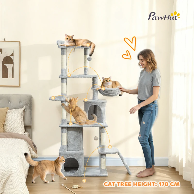 PawHut 67" Large Cat Tree with 7 Scratching Posts, Tunnel, 2 Condos, Hammock, Perch, Ramp, Pompoms, Light Grey
