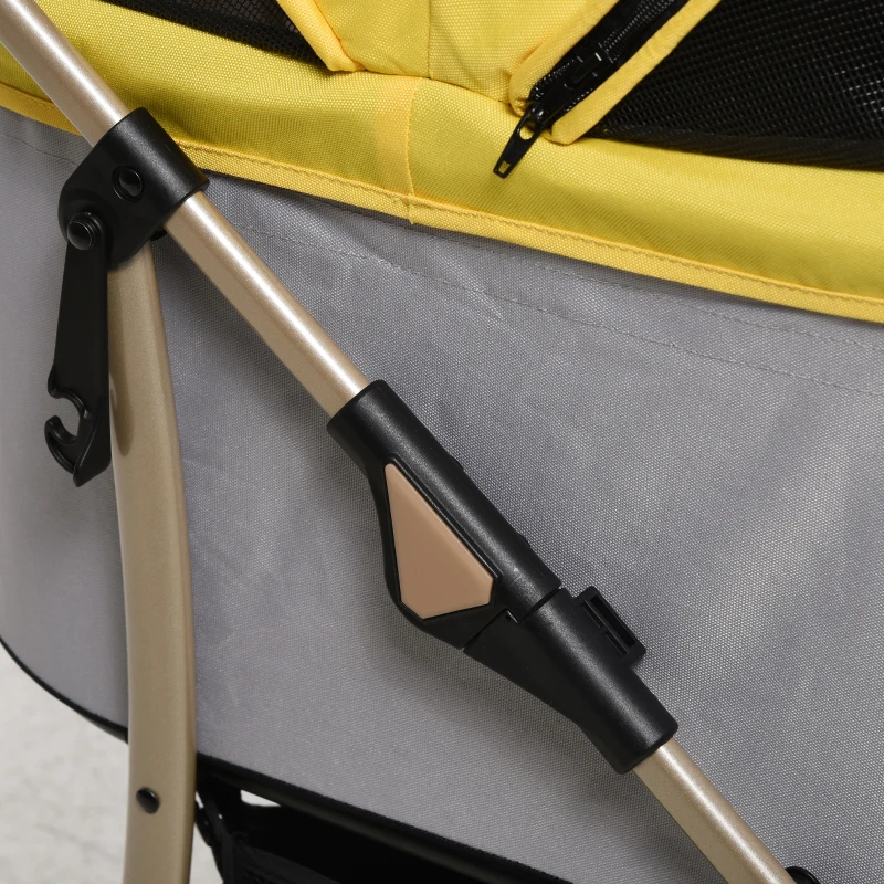 PawHut 4 Wheels Pet Stroller, 3 in 1 Dog Cat Travel Folding Carrier, for Small Dogs, Detachable, w/ Brake, Canopy, Basket, Storage Bag - Yellow