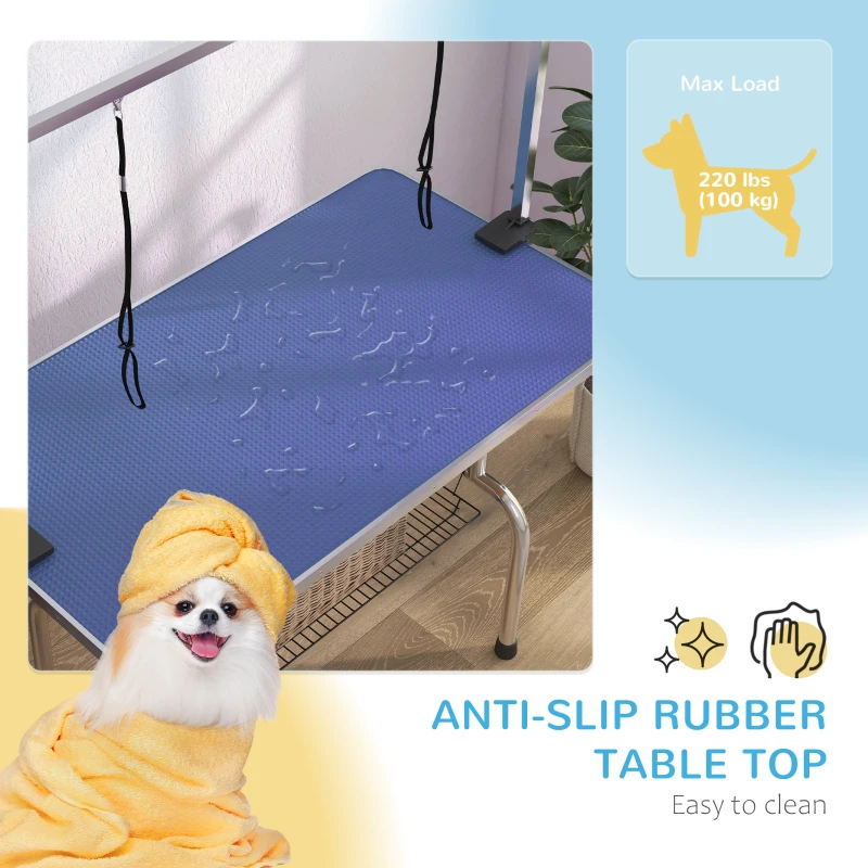 PawHut Adjustable Dog Grooming Table with 2 Safety Slings, Storage Basket, Blue