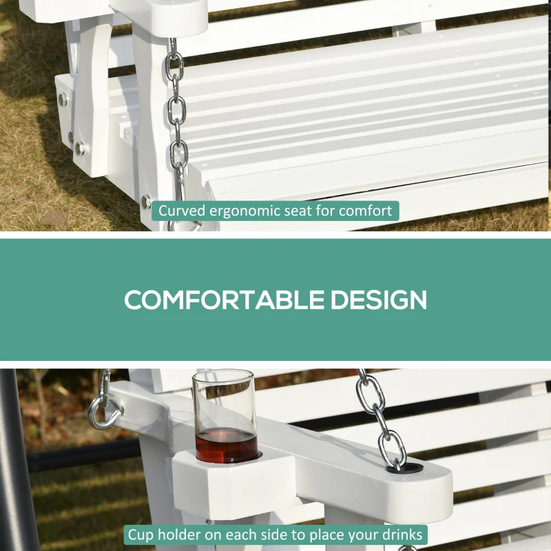 Outsunny 46" 2-Person Porch Swing Wooden Patio Swing Bench with Cup Holders, Slatted Design, Chains, 440lb Weight Capacity, White