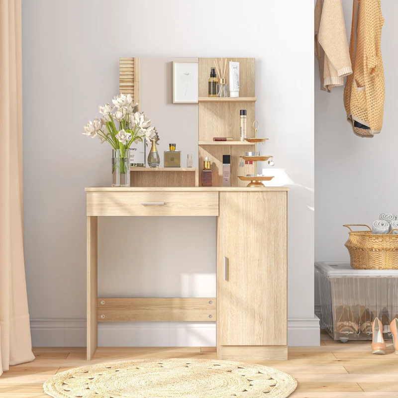 HOMCOM Vanity Desk with Mirror, Makeup Vanity w/ Drawer, Open Compartment and Shelves, Cabinet, Adjustable Shelves for Bedroom