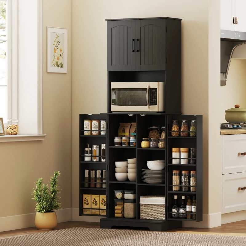 HOMCOM 71.5" Tall Pantry Cabinet, Farmhouse Kitchen Storage Cabinet with Adjustable Shelves, 8 Door Spice Racks, Black