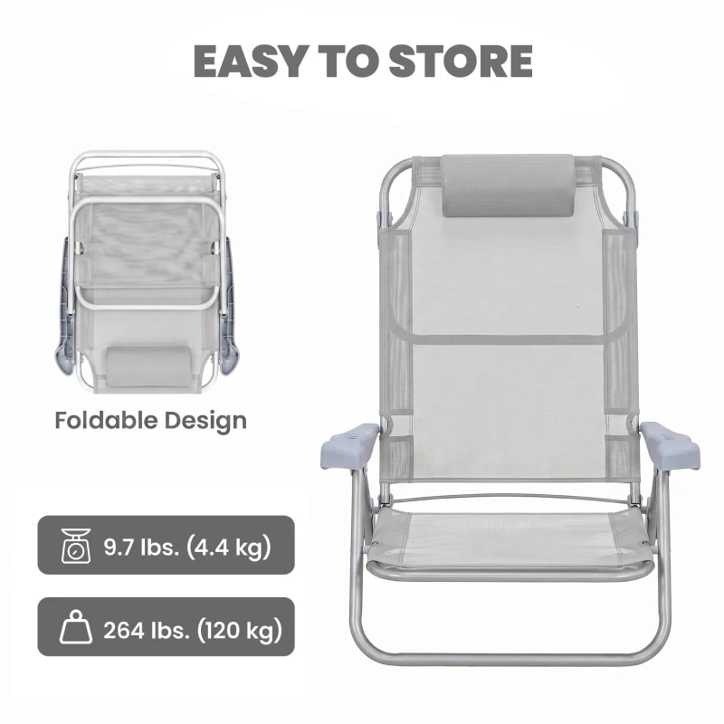 Outsunny Set of 2 Camping Chairs, Beach Chairs with Adjustable Backrest and Headrest, Folding Chair for Outdoor, Light Grey