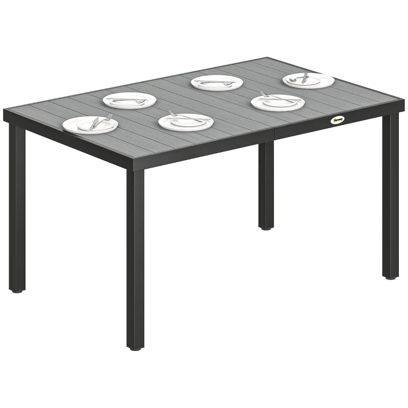 Outsunny Rectangular Patio Table for 6, Outdoor Dining Table with Wood-Plastic Composite Top and Steel Frame for Garden, Grey