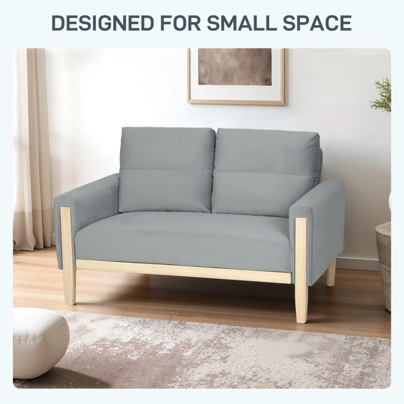 HOMCOM 53" Loveseat Sofa, Small 2 Seater Couch with Solid Wood Legs, Modern Velvet Sofa for Living Room, Small Spaces, Grey