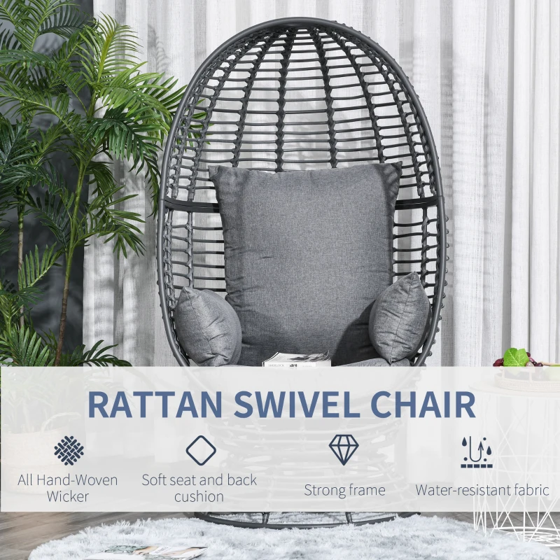 Outsunny Wicker Egg Chair, 360 Rotating Indoor Outdoor Boho Basket Seat with Cushion and Pillows for Backyard, Porch, Patio, Garden, Handwoven All-Weather PE Rattan, Steel Frame, Gray