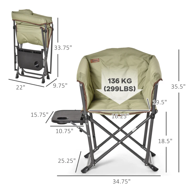 Outsunny Folding Camping Chair, Padded Director Chair with Side Table and Cup Holder, Portable for Picnic, Beach, Hiking, Travel, Green