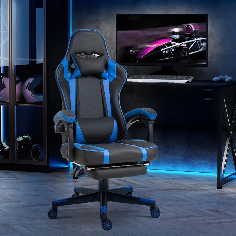 Vinsetto High Back Gaming Chair, PU Leather Racing Style Gamer Computer Chair with Retractable Footrest with Lumbar Support, Pillow and Adjustable Padded Armrests, Blue