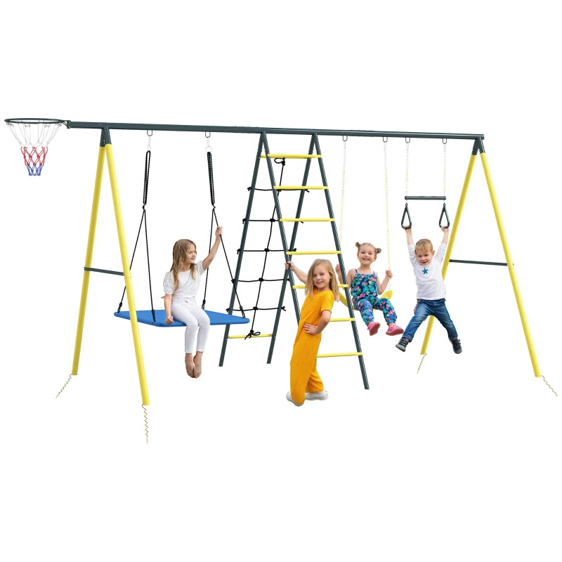 Outsunny Metal Swing Set for Backyard 5 in 1 Design Holds up to 440 lbs. for Ages 3-8, Yellow