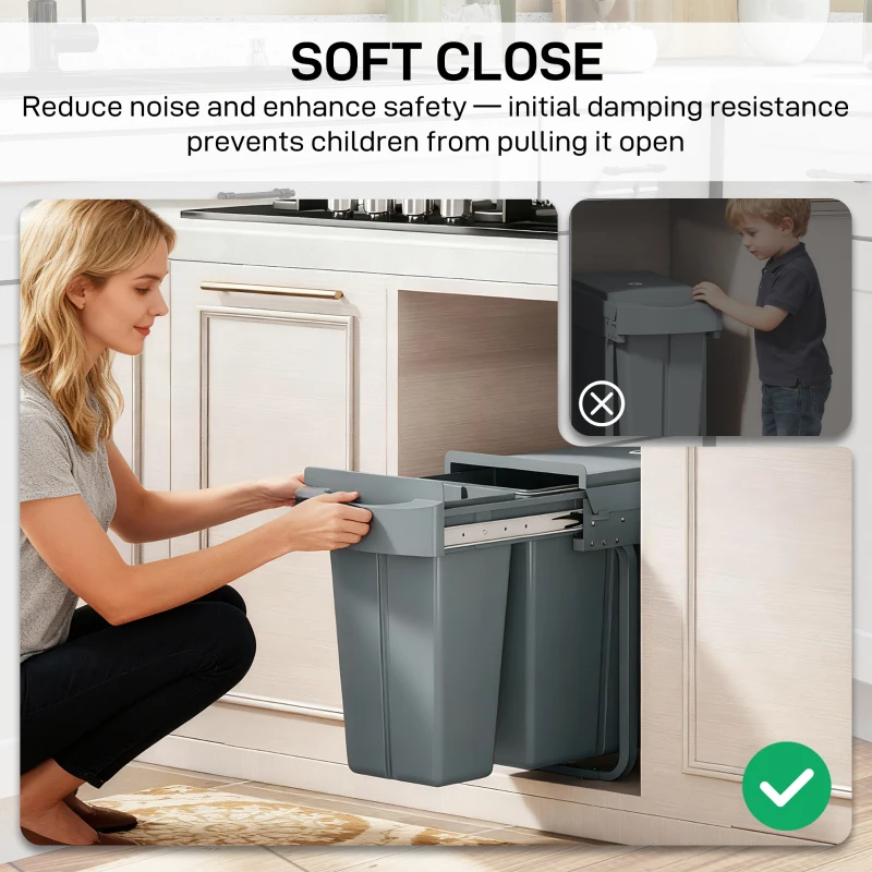 HOMCOM Pull Out Garbage Bin for Kitchen, 7.9 Gallon (30 L) Under Sink Garbage Can, 2 Removable Compartments, Grey