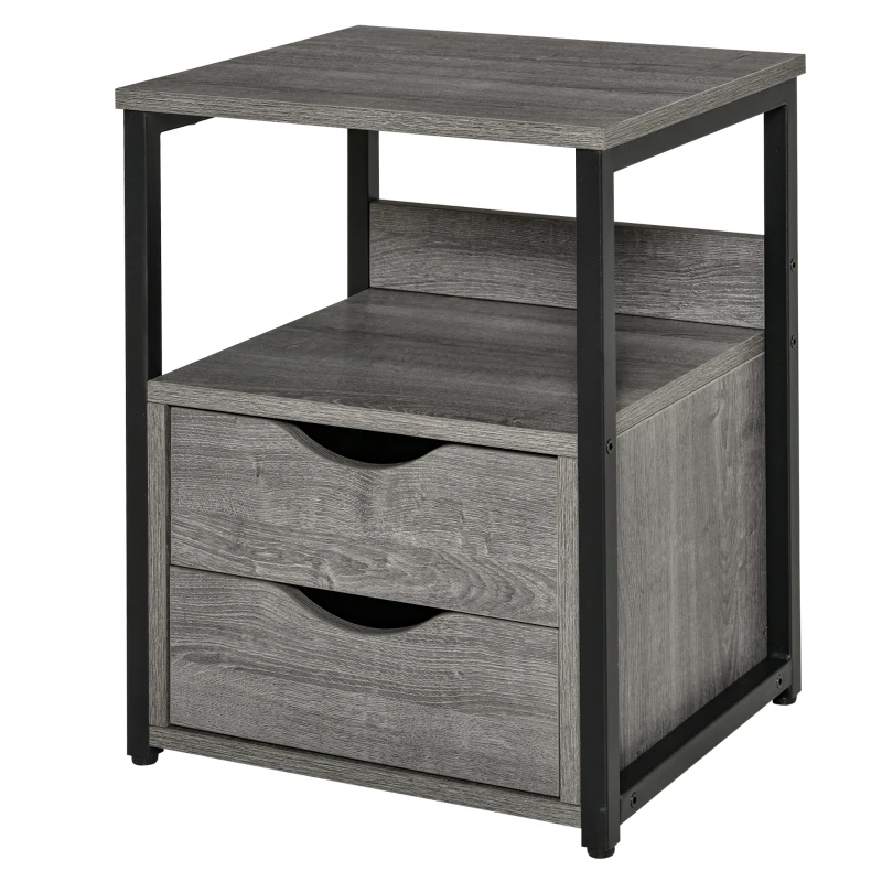 HOMCOM Nightstand with 2 Drawers, Industrial Side Table with Storage Shelf, Accent End Table for Bedroom, Living Room, Grey