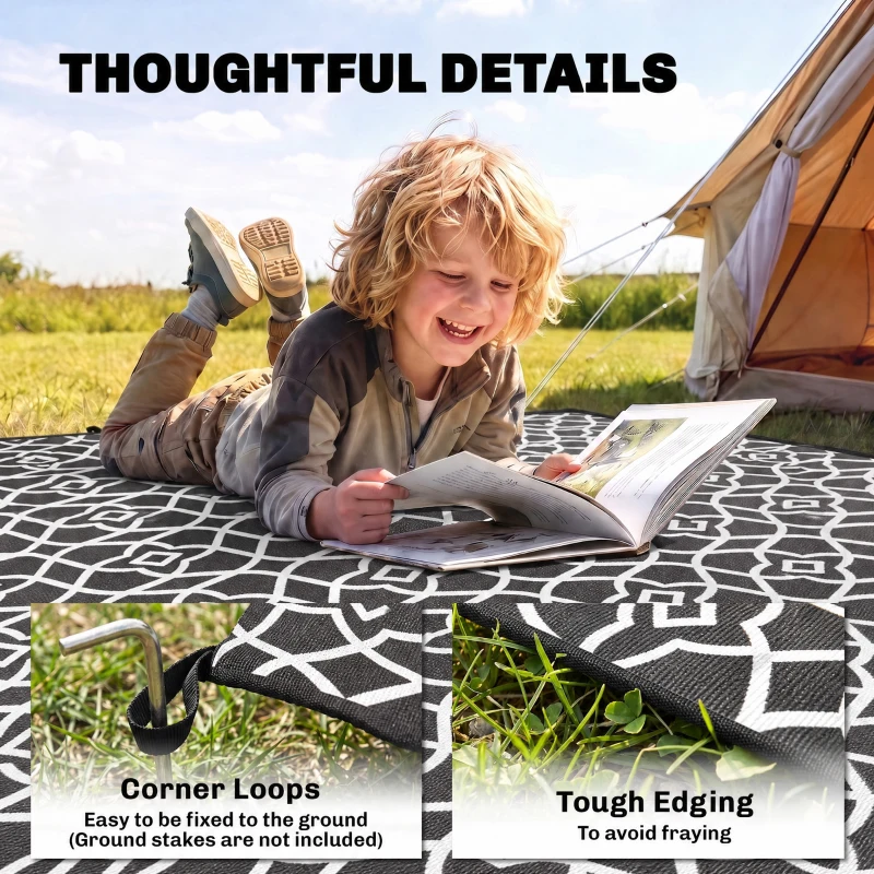 Outsunny Reversible Outdoor Rug Carpet RV Camping Rugs with Carry Bag, 9' x 18', Black & White Clover