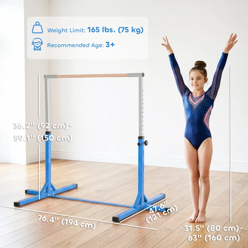 Soozier Professional Gymnastics Bar for Kids, Toddler Home Gymnastics Equipment with 13-level Adjustable Height, Blue